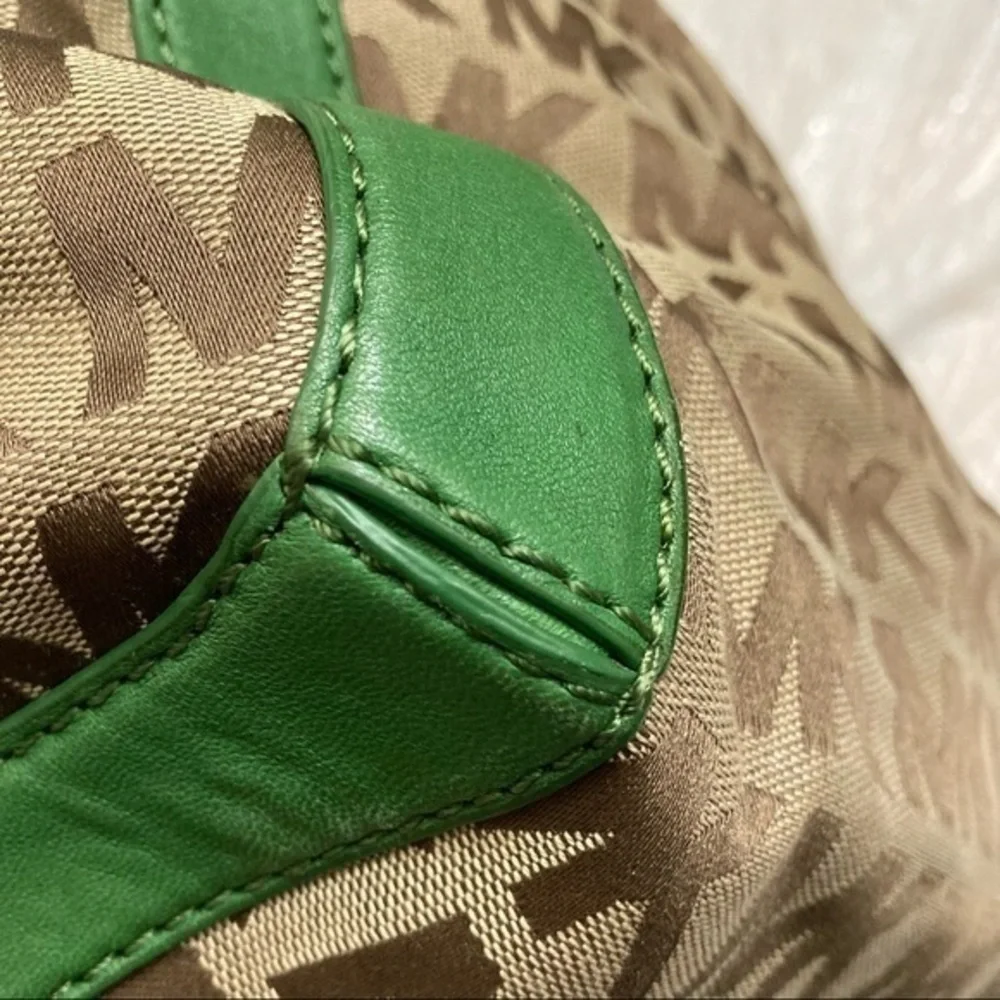 Michael Kors signature mk brown with green leather shoulder bag